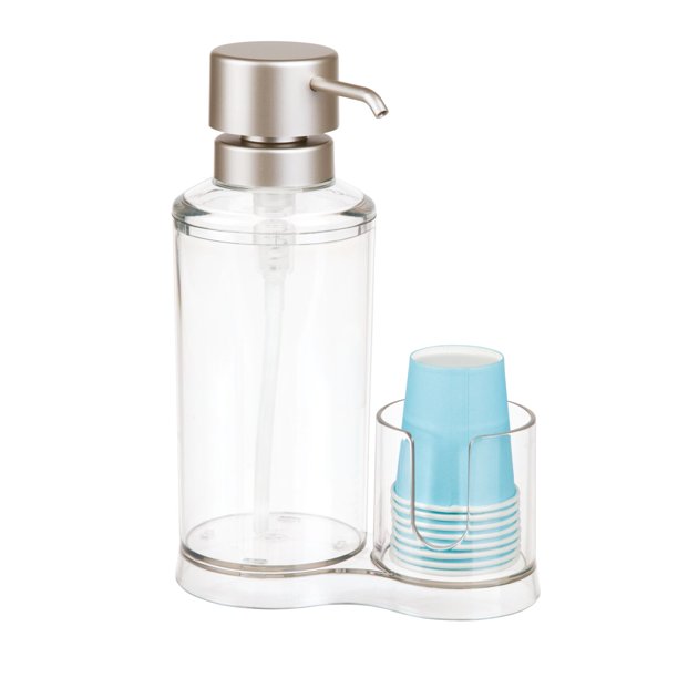 mDesign Plastic Bathroom Mouthwash Pump and Disposable Cup Holder