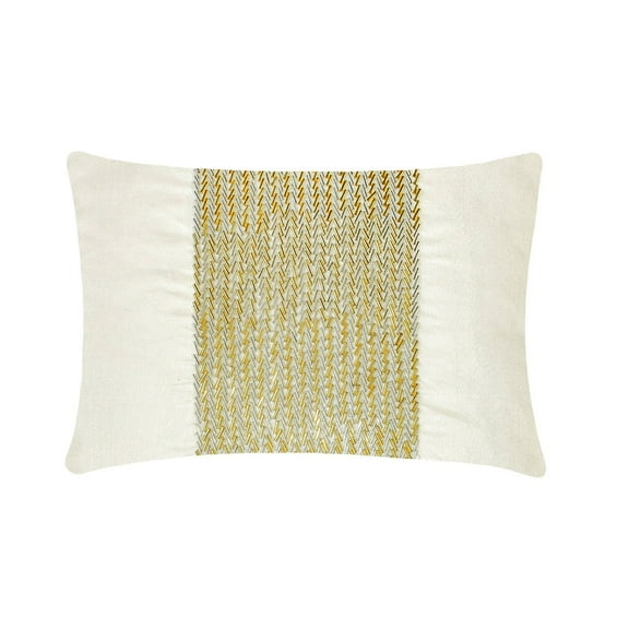 The HomeCentric Decorative Oblong Pillow Cover White & Gold, 12"x16" (30x40 cm) Art Silk Beaded Hand Embroidery Cushion Covers For Sofa, Couch, Bed And Patio, Chevron Modern - Dazzling Chevron