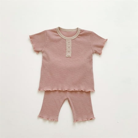 

NECHOLOGY Kids Toddler Baby Boys Girls Ribbed Patchwork Short Ruffled Sleeve T Shirt Blouse Tops Boys 4 Piece Set Childrenscostume Pink 18-24 Months