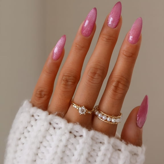 RAGUPEL French Tip Press on Nails Hot Pink Glue on Nails Medium Length Almond Nails Press on False Nails with Glue Fake Nails Full Cover Glossy Acrylic Stick on Nails for Women