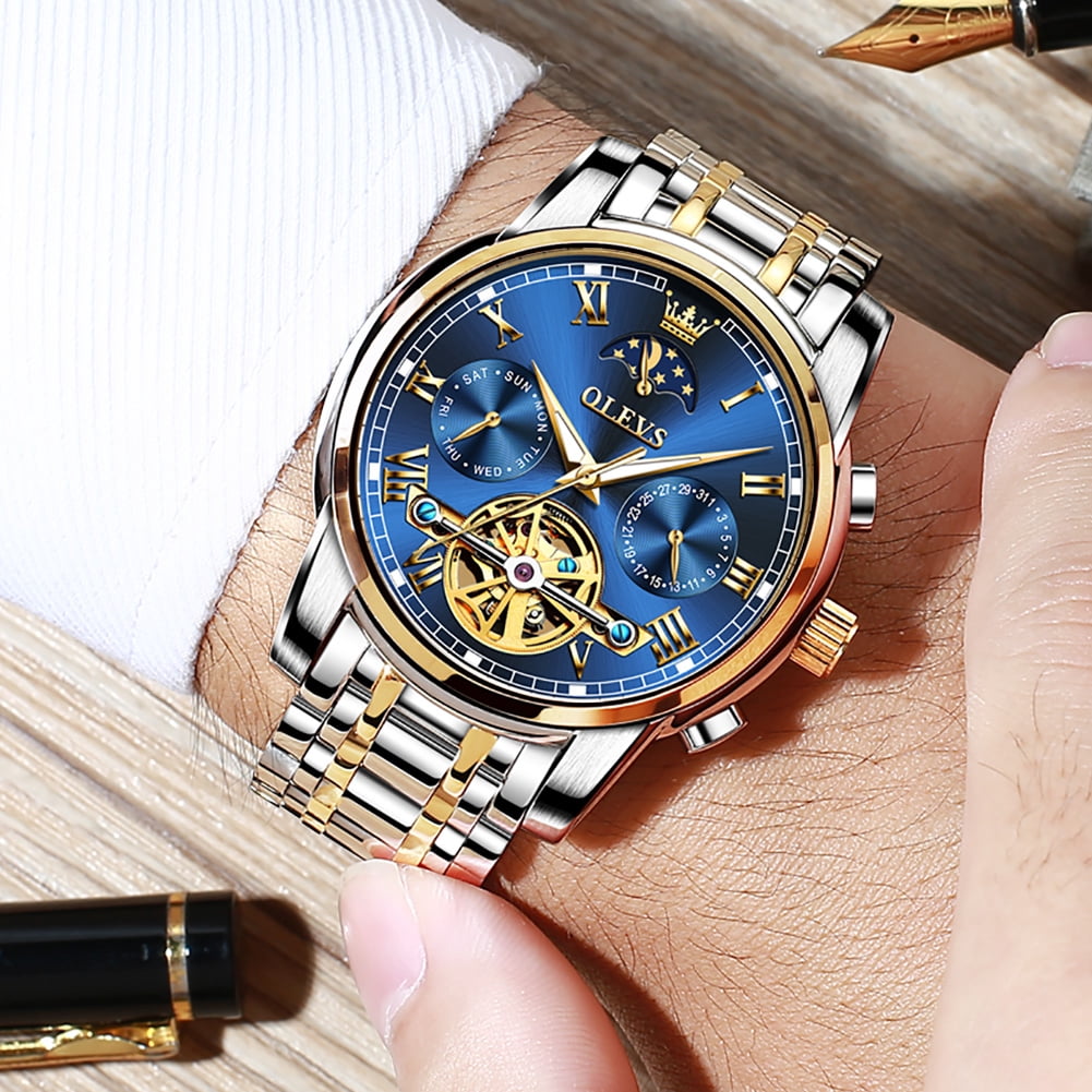 OLEVS Automatic Watches for Mens Skeleton Mechanical Self Winding Chronograph Calendar Classic Dress Moon Phase Multifunction Mens Wrist Watches Luminous Waterproof Stainless Steel Reloj Para Hombre