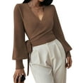 thumbnail image 3 of Women'S Casual V Neck Wrap Sweater Pullover Long Sleeve Slim Fit Knit Crop Top Sweater Coffee S, 3 of 9