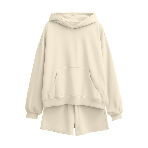 Women's Casual Hooded Shorts Set Fashion Long Sleeve Pullover Hoodies Sweatshirt with Shorts Sport Loungewear Sweatsuits Outfits Beige XXL