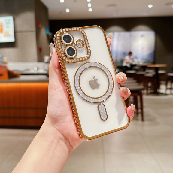 For iPhone 16 Plus Glitter Phone Case,Compatible with Magsafe,Luxury Bling Sparkly Rhinestones with Lens Film,Diamond-set Fram Design,Shockproof Anti-fall Transparent Phone Case,Gold