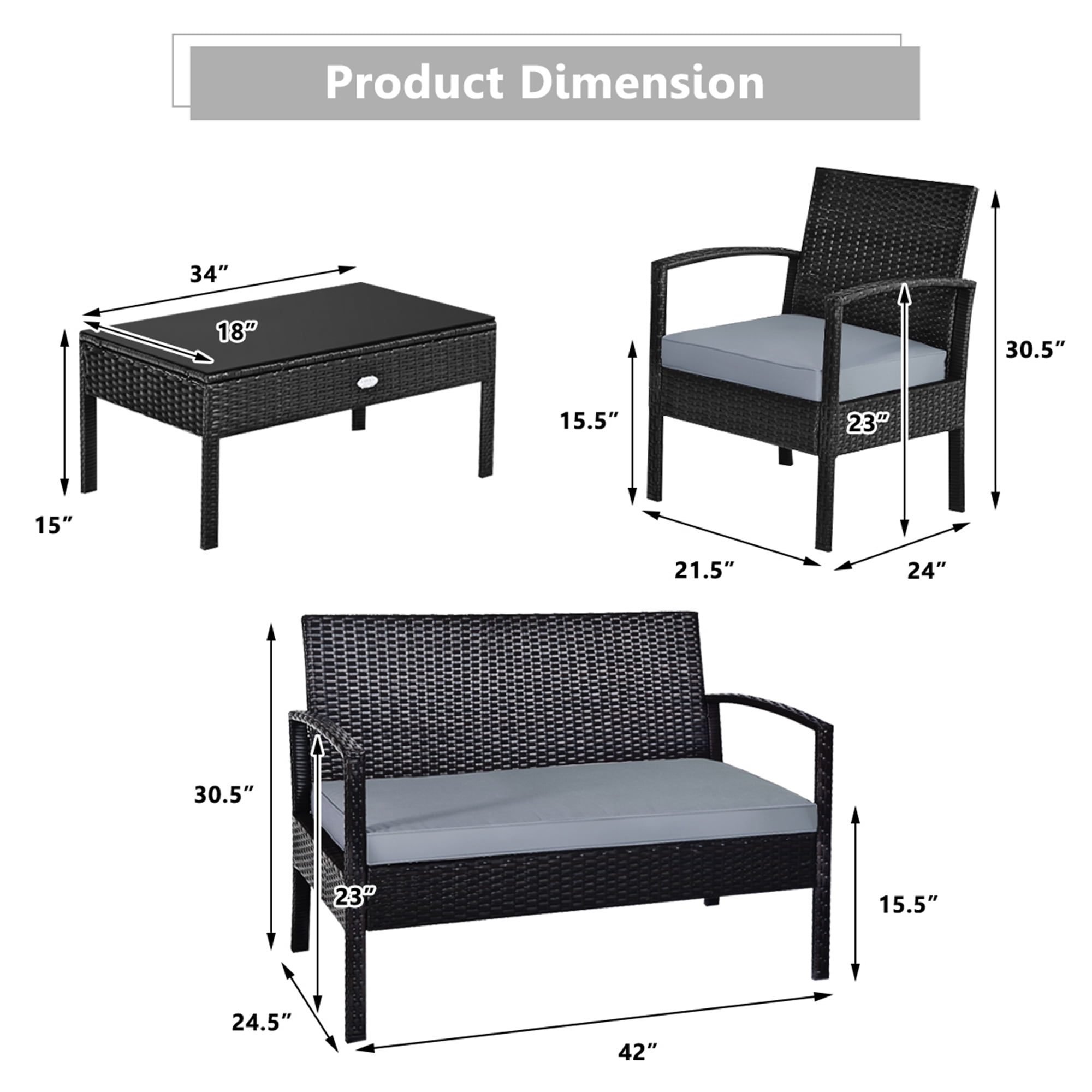 Gymax Patio Garden 4PC Rattan Wicker Furniture Set Black