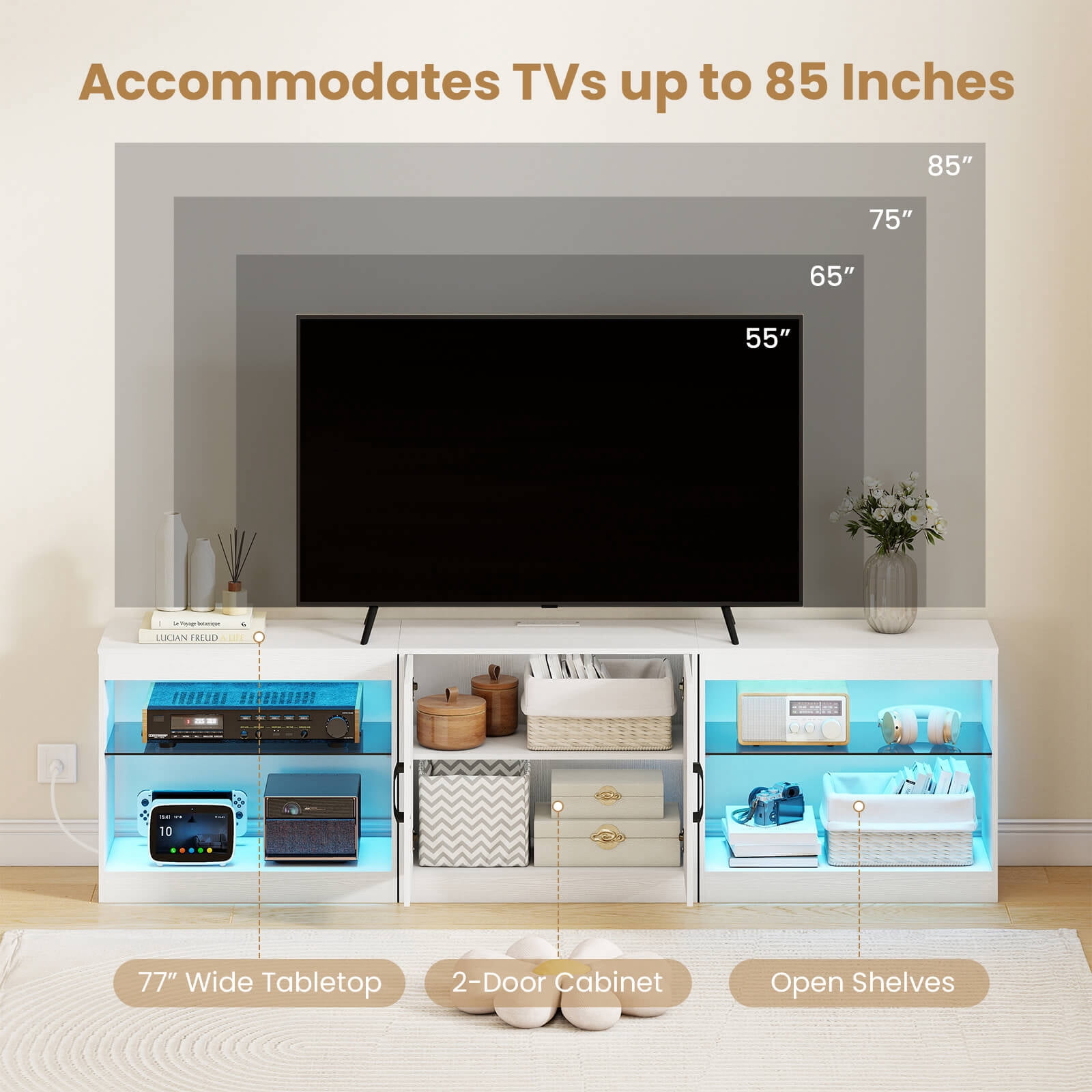 Costway TV Stand with Power Outlets Adjustable LED Lights Storage Cabinet for TVs up to 85” White