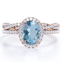 JeenMata Pave Halo Setting 1.75 Carat Oval Cut Light Blue Created Aquamarine And Moissanite Infinity Twisted Shank Bridal Set in 18K Rose Gold Plating over Silver
