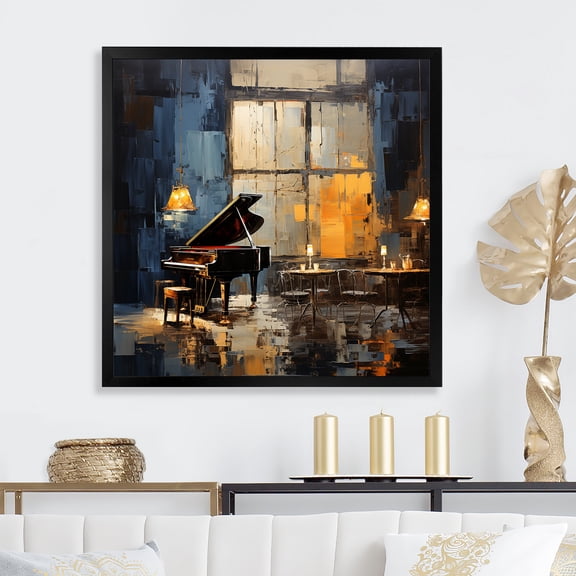 Designart "Grand Piano Jazz Café in Yellow and Grey IV" Music Framed Wall Art Decor - Vintage Yellow Music Piano Hallway Framed Wall Art Decor
