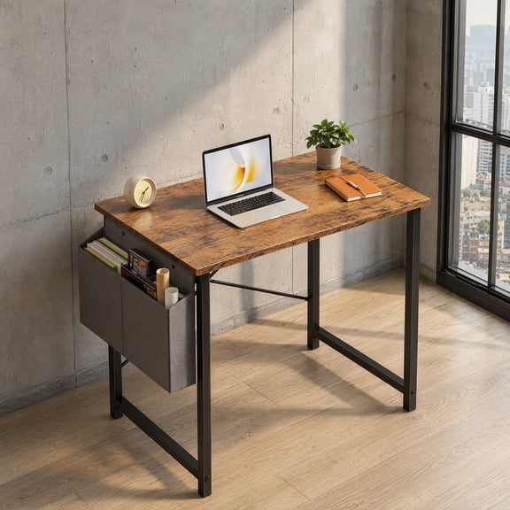 31 Inch Brown Computer Writing Desk with Storage Bag, Sturdy Steel Frame for Home Office Study Room