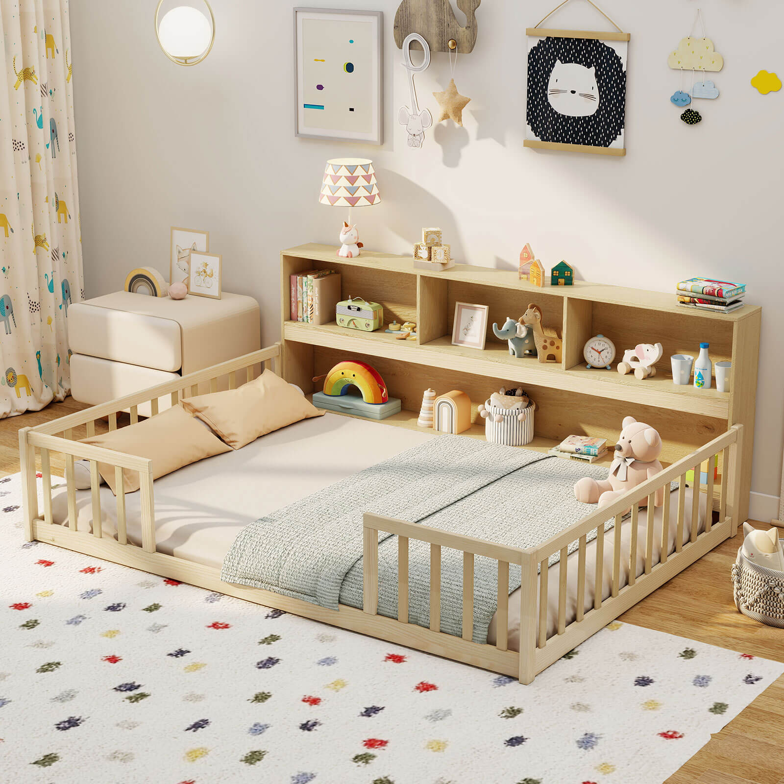 Costway Full Size Montessori Floor Bed with Bookcase Storage Shelves & Safety Fence Rails Natural