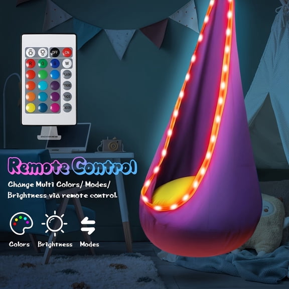 Light Up Kids Pod Swing Seat, Upgraded Kids Hanging Hammock Swing with LED Lights, Cotton Sensory Pod Swing Chair with Inflatable Pillow, Pod Swing for Kids Indoor & Outdoor