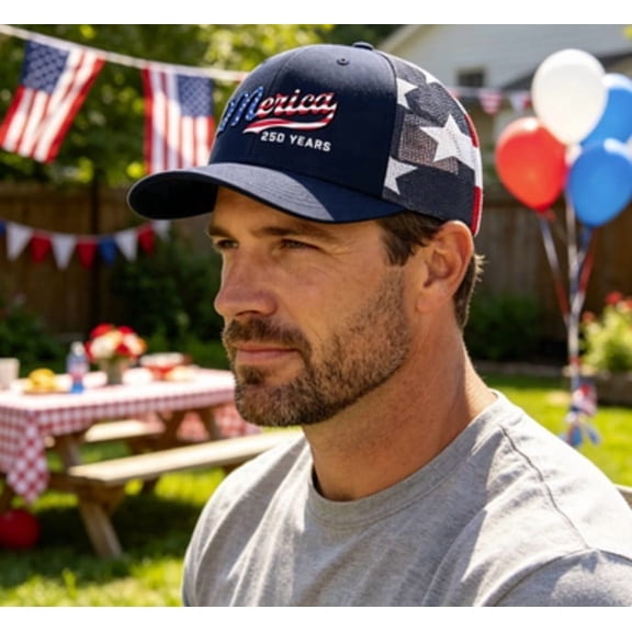Mens 250th Anniversary Patriotic Trucker Baseball Cap, Flag Embroidery Breathable Mesh Snapback Hat, Adjustable Sun Hat for Summer Outdoor Driving, Fishing and Daily Casual Wear
