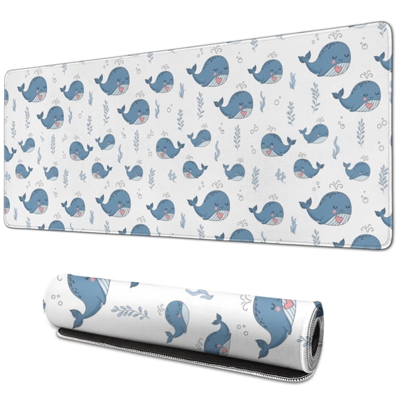 31.5x11.8 Inch Gaming Mouse Pad, Non-Slip Stitched Rubber Desk Mat for Desktop & Laptop,Whale Heart Cartoon Blue White Pattern