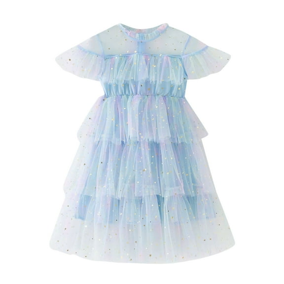XAOFW Girls Dress Toddler Fly Sleeve Star Moon Sequin Rainbow Tie Dye Dance Ruffles Clothes Cowl Neck Ball Gown Soft Breathable Party Night Dresses