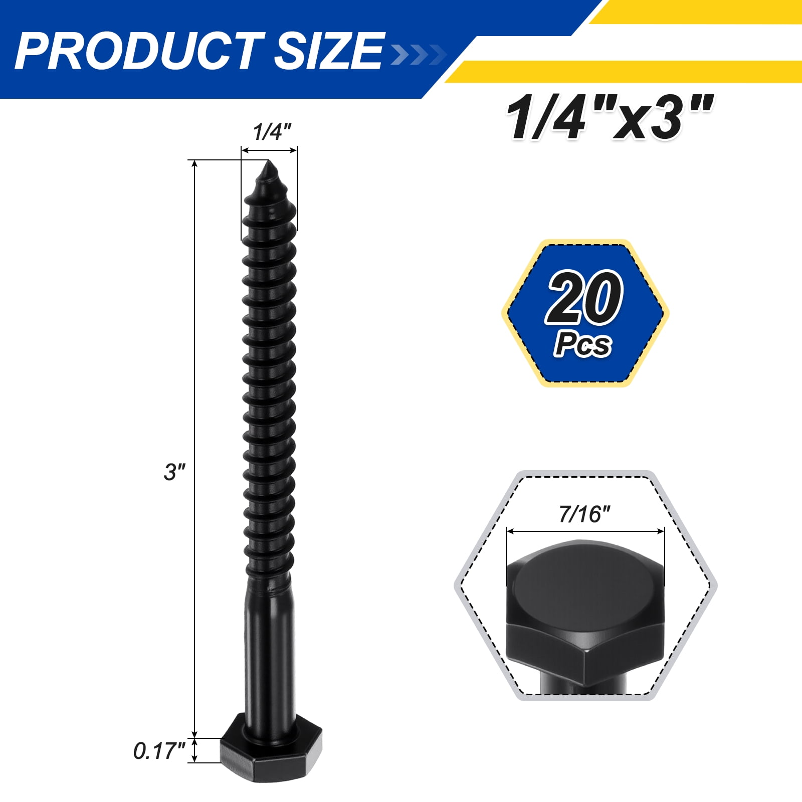 Uxcell 20 Pcs Hex Head Lag Screws - 1/4"x3" Stainless Steel 18-8 (304) Lag Bolts Hexagon Head Heavy Duty Wood Screws for Wood, Decks, Fences, Furniture, Black