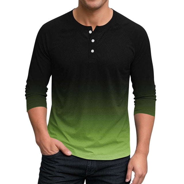 Blusas y camisas de manga larga con cuello redondo para hombre, estilo casual, moderno, con cuello redondo degradado, botones, manga 3/4, blusa de poliéster para hombre