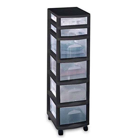 Homz Plastic 6 Clear Drawer Medium Home Storage Container Tower, Black Frame