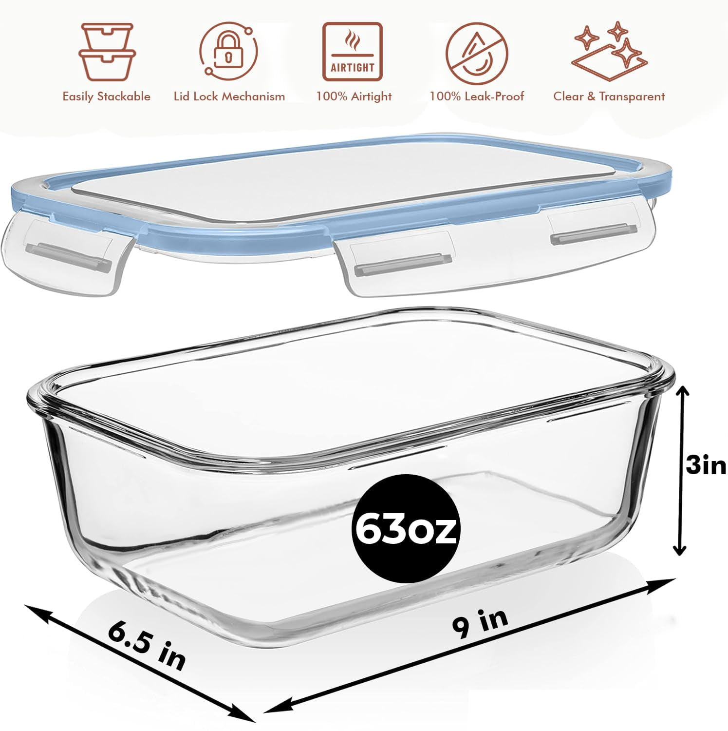 Glass Food Storage Containers Baby Blue 4 Pc 1860ml Meal Prep Leftover Storage