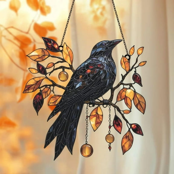 Mystic Crow Acrylic Window Hanging Suncatcher – Faux Stained Glass Raven Perched In Autumn Leaves With Amber Jewels, Gothic Home Decor