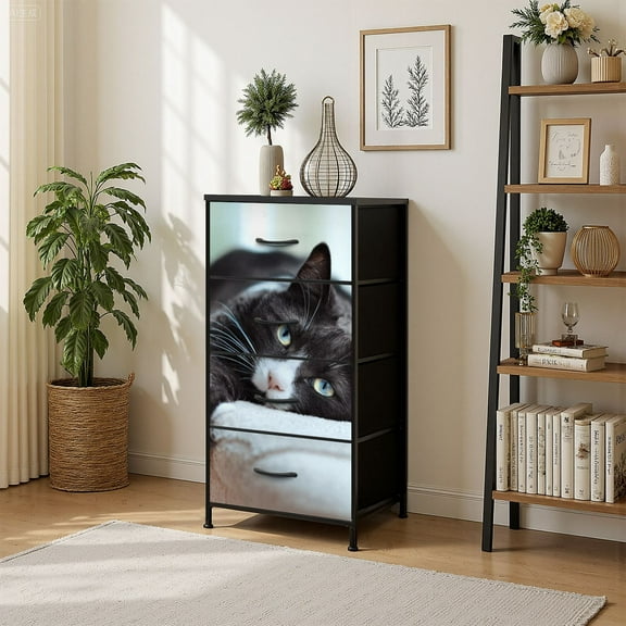 4 Drawer Vertical Storage Dresser Portrait beautiful black white cat resting sofa bright room with Wood Top Fabric Pull Drawers