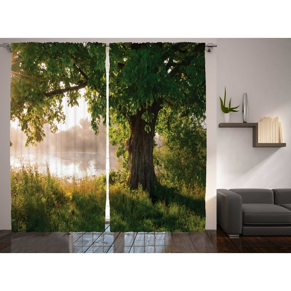 Ambesonne Tree Curtains 2 Panel Set, Stream Foggy Scene, 108" x 84", Brown Green Dust