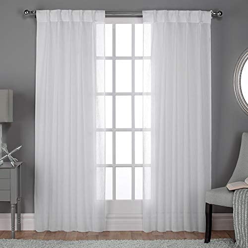 Exclusive Home Belgian Textured Linen Look Sheer Pinch Pleat/Hidden Tab Top Curtain Panel Pair, 96" Length, Winter White
