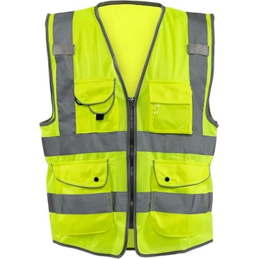 NEIKO Safety Vest with Pockets, 9 Pocket, High Visibility Vest, Reflective Strips, Zipper Front, Reflective Vest For Men & Women, Work Vest, Security Vest, Hi Vis Neon Yellow Vest Large 54052A
