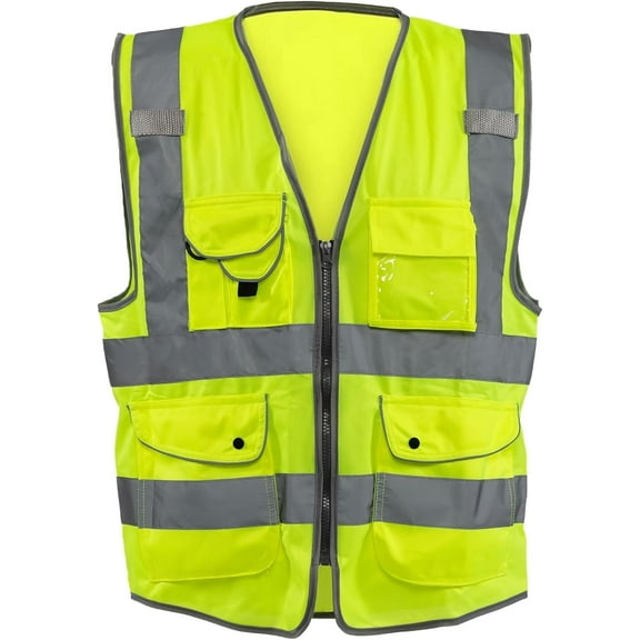 NEIKO Safety Vest with Pockets, 9 Pocket, High Visibility Vest, Reflective Strips, Zipper Front, Reflective Vest For Men & Women, Work Vest, Security Vest, Hi Vis Neon Yellow Vest 4XL 54056A