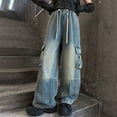 thumbnail image 2 of GXWEA Y2K Pants Preppy Jeans Kids Girls Jeans Distressed Elastic Waist Baggy Denim Wide Leg Pants Trousers 13-14 Years, 2 of 9
