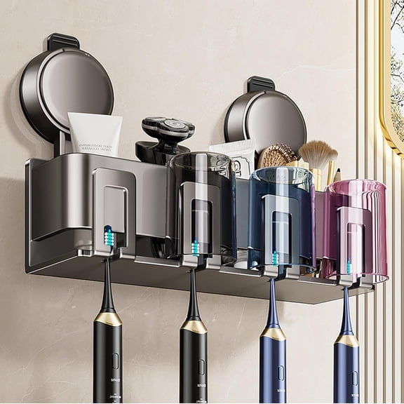 ABCISI Suction Cup Toothbrush Holders for Bathroom, Wall Mounted Toothbrush Holder Set with 4 Cup Holders & 4 Storage Compartments, Bathroom Organizer for Toothpaste, Razor, Comb, Room Accessories