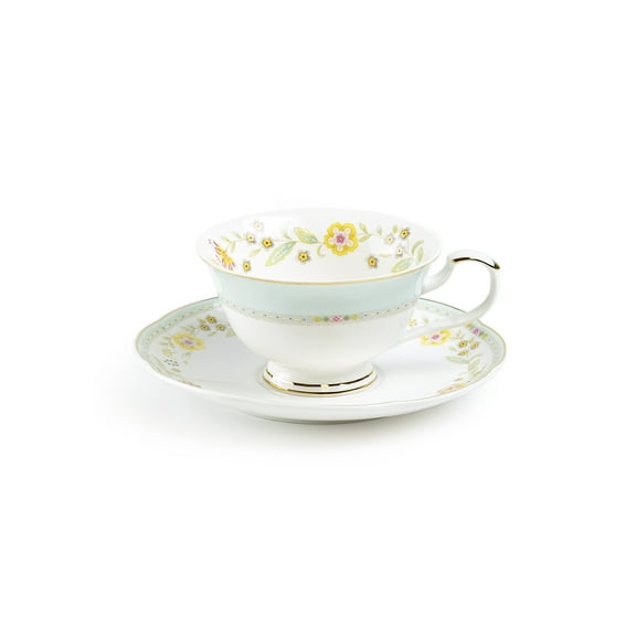 Grace Teaware Yellow Corn Flowers with Mint Rim 7oz Fine Porcelain Tea Cup and Saucer