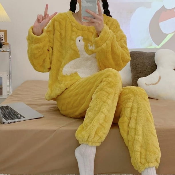 Pyjama Femme Hiver Flanelle Chaud Vêtement De Nuit Col Rond Polaire