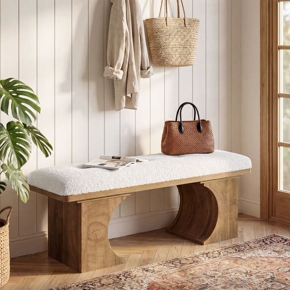 Finmind Upholstered Entryway Bench, 47.24-inch Modern Shoe Bench with Soft Cushion and Curved Wooden Legs for Bedroom, Foyer, White and Brown
