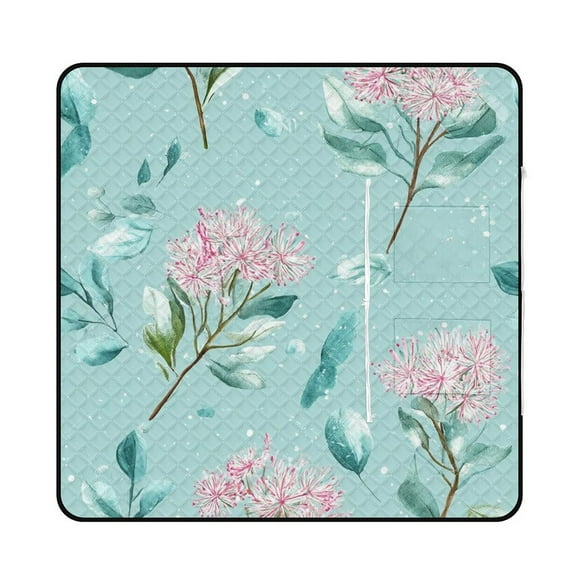 Delicate Pink Flowers Teal Background Floral Pattern Waterproof Picnic Blanket with Foldable Zipper, Suitable for Outdoor Use, Suitable for Travel, Camping, Beaches, Parks, Grasslands, Picnic Blanket
