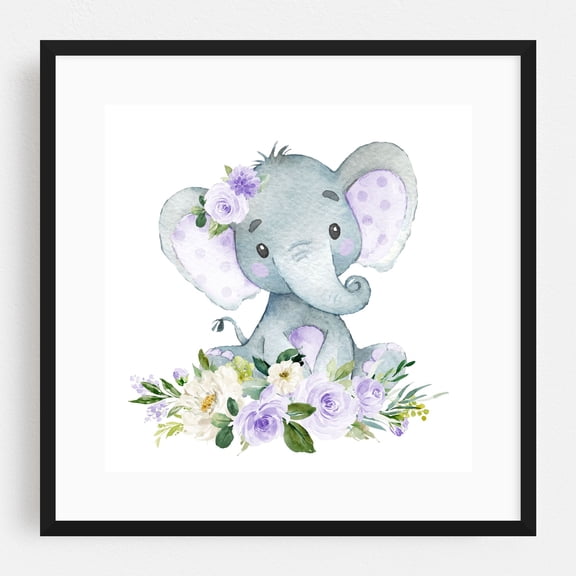 Elephant, Safari Animals, Jungle Animals, Purple Flowers, Gender Neutral Nursery - Illustration Watercolor Animal Floral Whimsical Black Framed Wall Art Print 16 x 16 inches