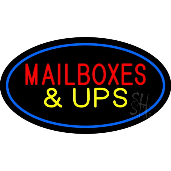 Mail Boxes and UPS Oval Blue LED Neon Sign 20 x 37 - inches, Black Square Cut Acrylic Backing, with Dimmer - Bright and Premium built indoor LED Neon Sign for Store interior and stroefront