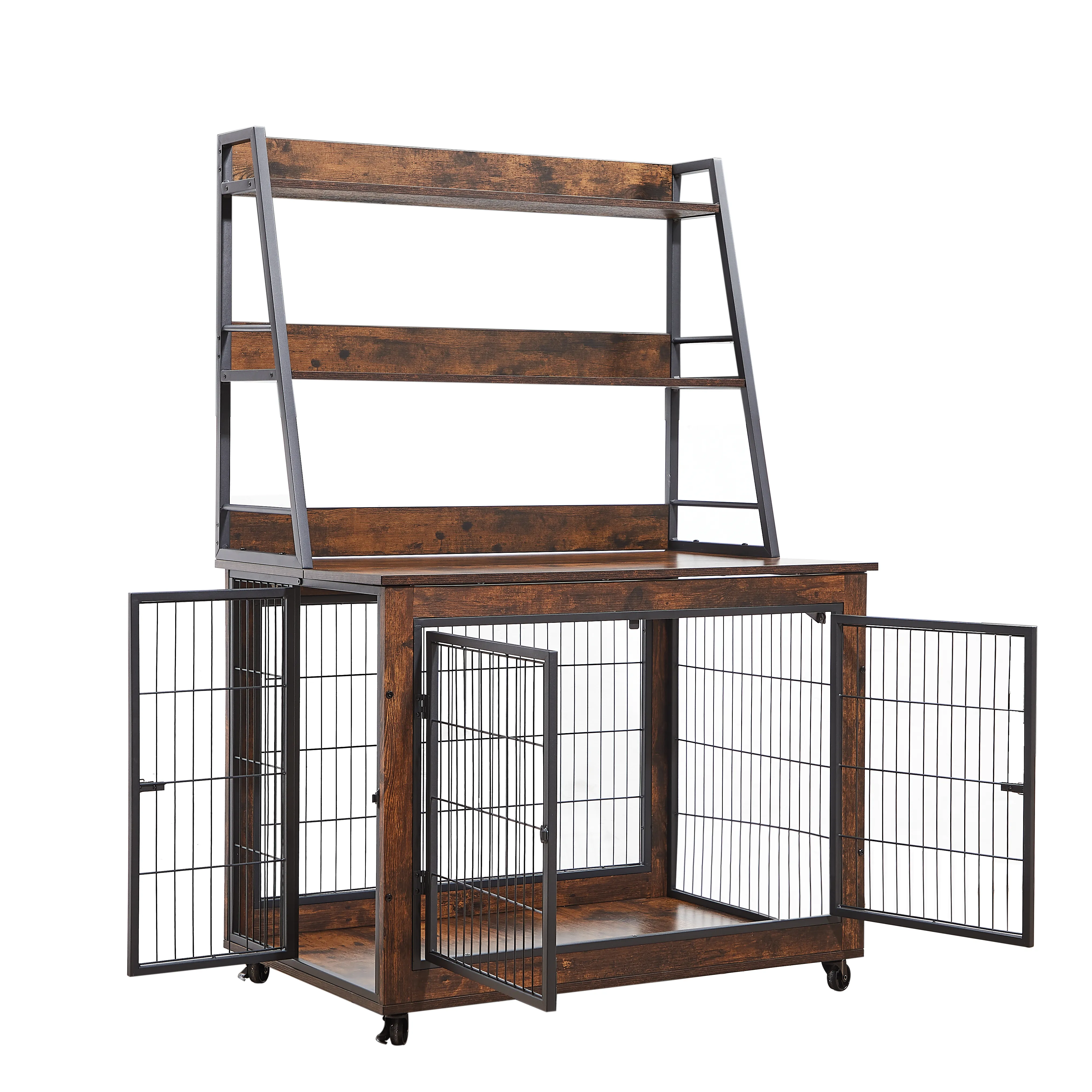 Pefilos 57" Wood Dog Crate Furniture with 3 Tier Shelves, kennel Equipped with Double Doors and A Raised Roof, Brown