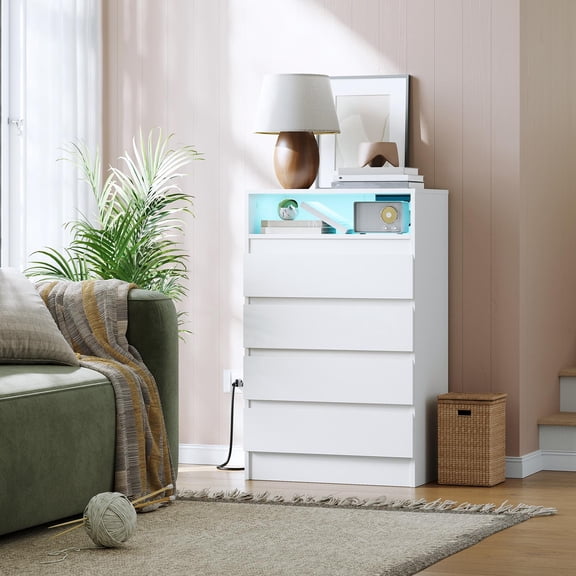 White 4 Drawer Dresser with Power Outlet and LED Light Modern Storage Cabinet for Bedroom or Office