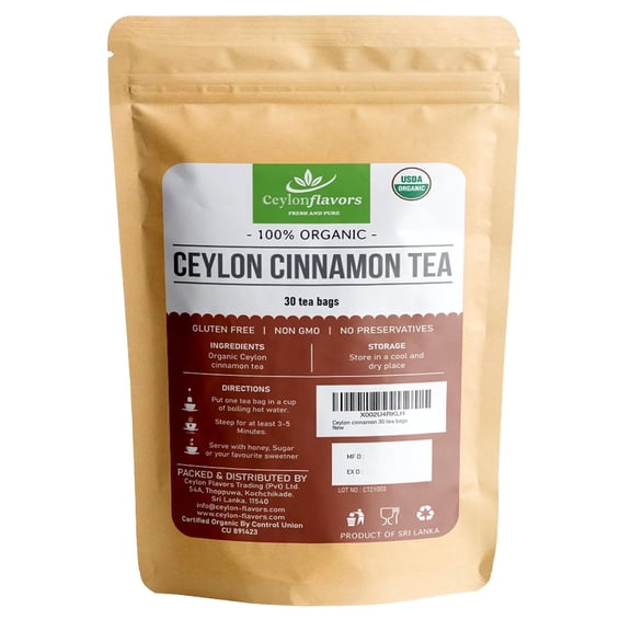 Organic Ceylon cinnamon tea bags | premium grade real or true cinnamon from Ceylon Sri Lanka | 30 tea bags
