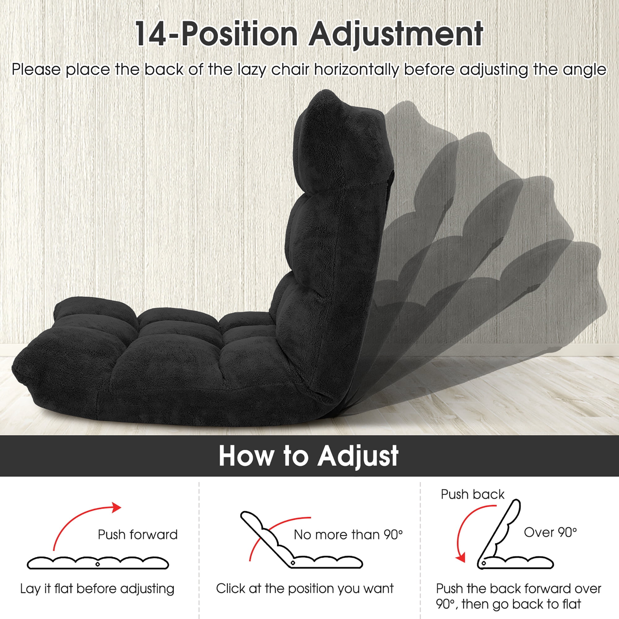 Costway Adjustable 14-Position Floor Chair Folding Lazy Sofas & Couches Cushioned-Black