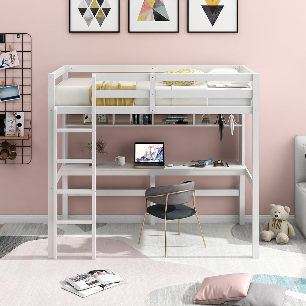 Kadyn Twin Size Loft Bed with Convenient Desk/Shelves/Ladder, White