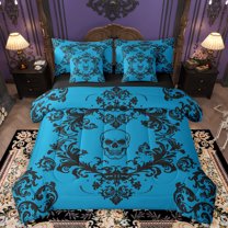 Homewish Vintage Damask 7-Piece Bedding Comforter Set,Victorian Flower King Bedding Sets,Cyan Black Bed Sheets For Men Women,Super Cozy Room Decor Reversible