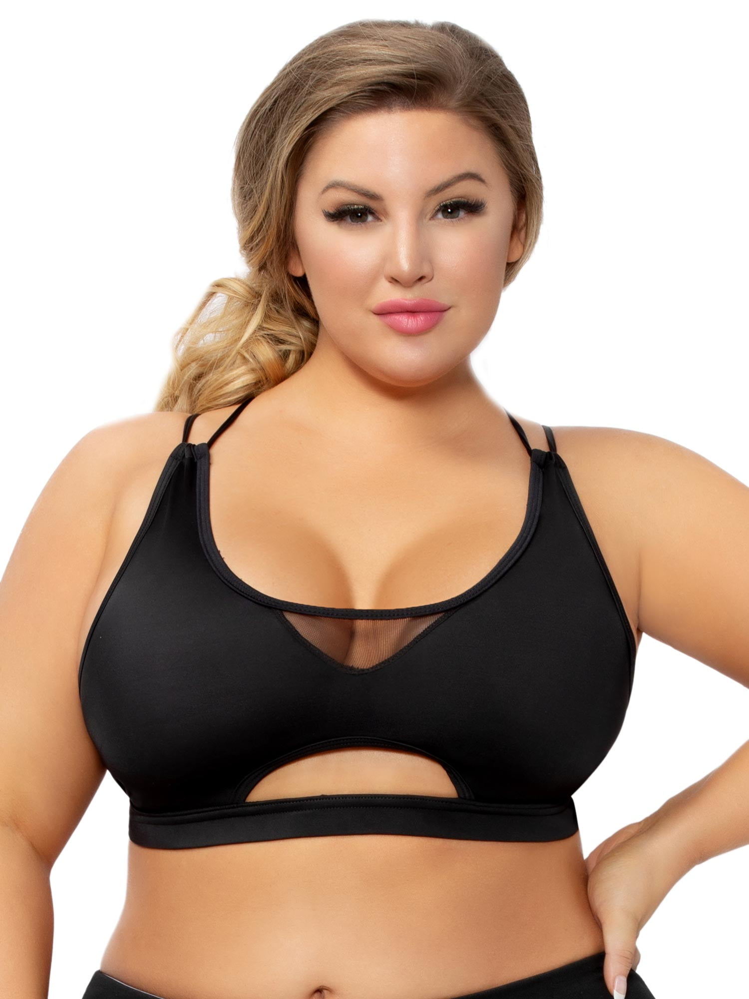 Womens Plus Size Black Microfiber Sports Bra Underbust Strappy Active