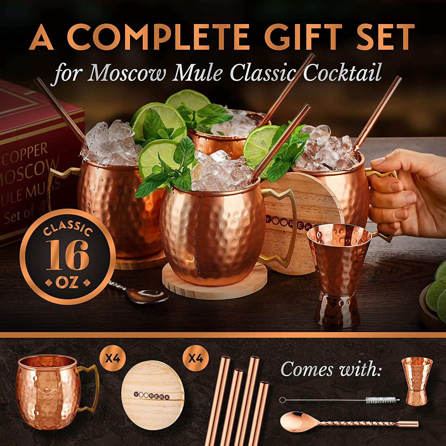 Set of 4-16 oz Cups with Cocktail Straws Stirring Spoon Coasters and Bottle Pack of 12 Pieces! Copper Tank Moscow Mule Copper Mugs