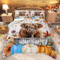 Homewish Highland Cattle 3 Pieces Queen Comforter Set for Female Men Adults,Autumn Harvest Pumpkin Ultra Soft Bedding Sets,Farmhouse Animal Bedding Comforter Set Breathable,Lightweight Room Decor