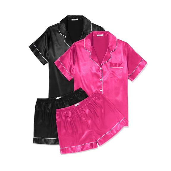 Ekouaer 2 Pack Womens Pajama Sets Summer Pjs Satin Sleepwear Short Sleeve Button Down Pjs Top and Shorts Sleep Set
