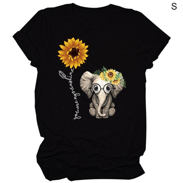 Camiseta de mujer Blusa con cuello redondo y manga corta con estampado de girasol, Negro, S Inevent AP001988-01