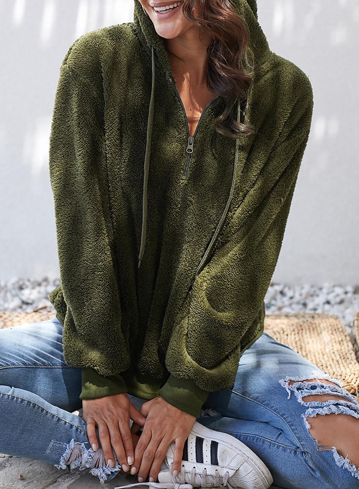 Aleumdr Ladies Green Pullover Fuzzy Fleece Long Sleeve 1 4 Zipper