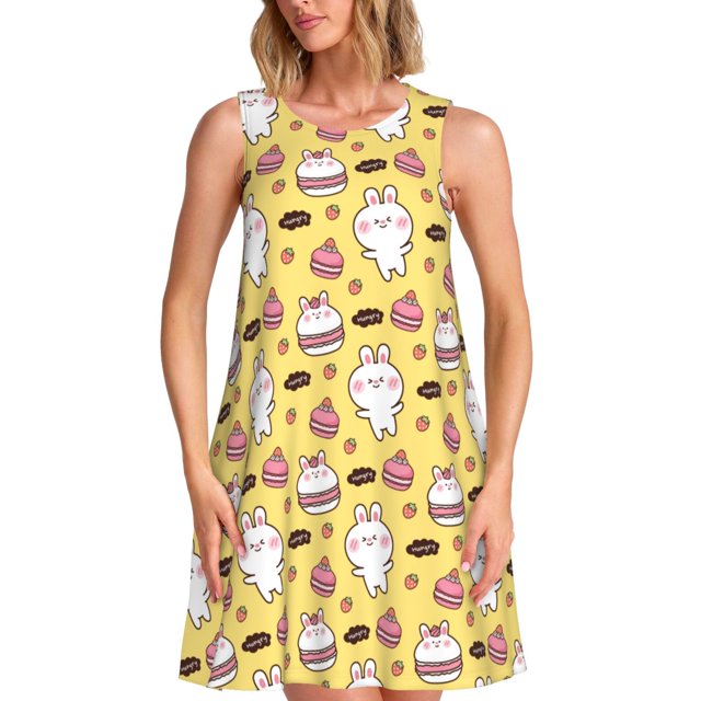 Fotbe Rabbit Hunger Vestido de Verano sin Mangas para Mujer – Vestido Midi Línea A, Estilo Camiseta Floral, Vestido Playero Casual y Fluido