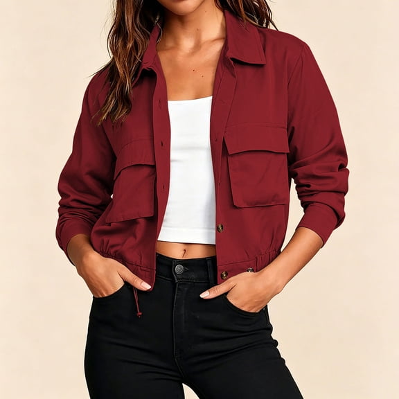 Warop Cropped Bomber Jacket Women Long Sleeve Button Down Fall Coat with Pockets Versatile for Daily Outdoor Travel